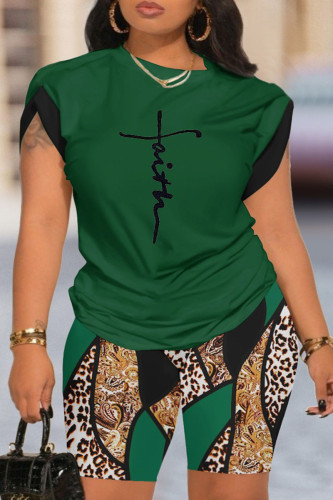 Green Casual Print Patchwork O Neck Short Sleeve Two Pieces