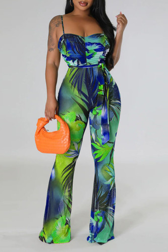 Blue Sexy Print Bandage Patchwork Spaghetti Strap Regular Jumpsuits