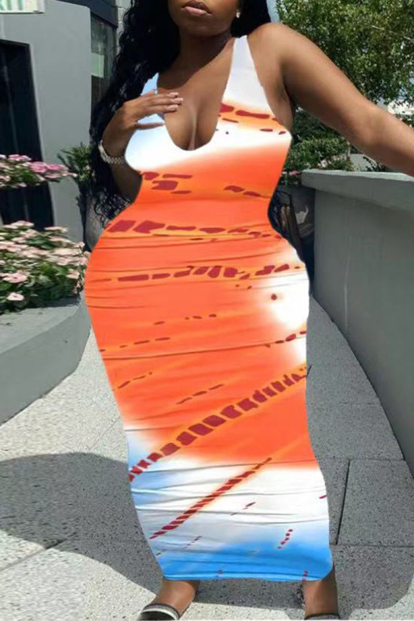 Оранжевая сексуальная повседневная юбка с граффити и V-образным вырезом с запахом Платья больших размеров