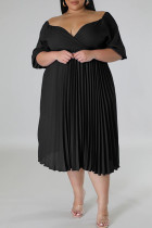 Vestidos de talla grande rectos con cuello en V y pliegues en patchwork liso informal negro