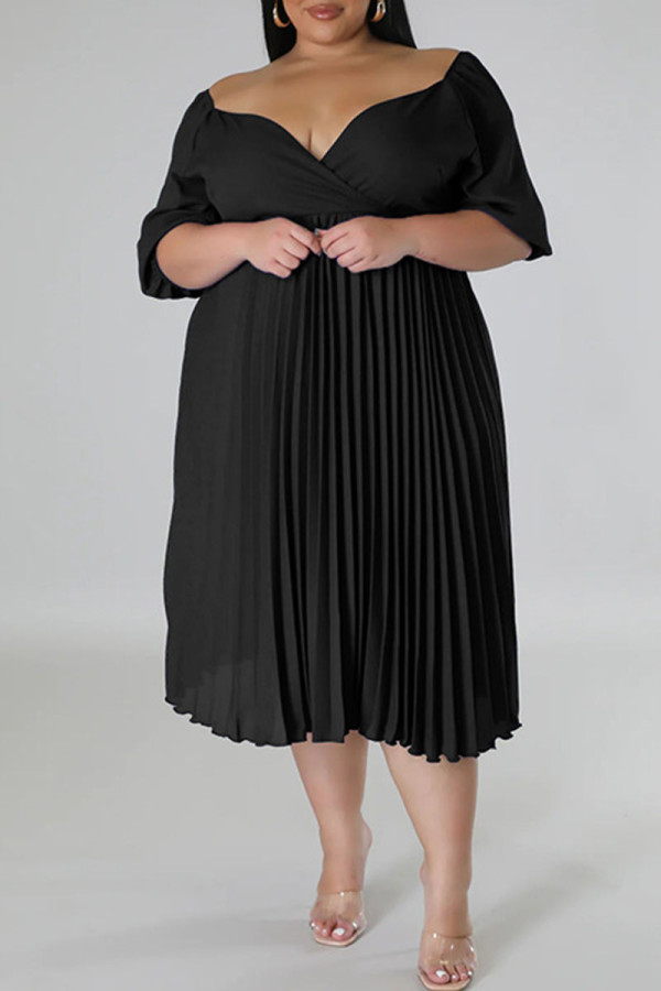 Vestidos de talla grande rectos con cuello en V y pliegues en patchwork liso informal negro