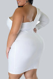 ホワイトカジュアルエレガントソリッドパッチワークVネックラップスカートプラスサイズドレス