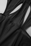 ブラック セクシー パッチワーク ソリッド バンデージ 中空 シースルー バックレス ホルター スキニー ジャンプスーツ