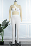 White Sexy Casual Solid Backless Vests Pants Oblique Collar Sleeveless Two Pieces