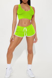 Fluoreszierende grüne Freizeit-Sportbekleidung, einfarbig, ärmellos, zweiteilig mit V-Ausschnitt