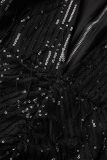 ブラック カジュアル パッチワーク タッセル スパンコール Vネック ロングスリーブドレス