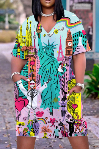 Light Blue Casual Print Patchwork V Neck Short Sleeve Dress