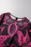 Roze casual print bedrukking Draderige zelfkant O-hals bedrukte jurk Grote maten jurken