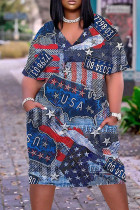 Blauwgrijze casual straatprint patchwork jurk met V-hals en print