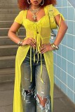 Yellow Sexy Solid See-through Slit V Neck Tops