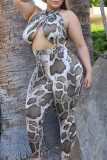 Weiß-Braun Sexy Sportswear-Overalls mit Animal-Print und halbem Rollkragenpullover in Übergröße