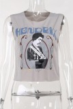 Grey Casual Print Basic O Neck Tops
