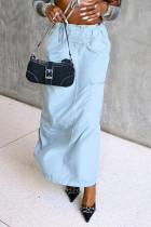 Pantalones de color sólido rectos de cintura alta de patchwork sólido de calle casual azul claro