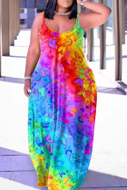 Цветное сексуальное повседневное длинное платье с вырезом на спине и бретельками с принтом