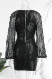 ブラック カジュアル パッチワーク タッセル スパンコール Vネック ロングスリーブドレス