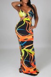 Lila Sexy Print rückenfreies langes Kleid mit Spaghettiträgern