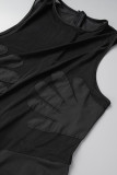 Macacões justos pretos sexy com retalhos transparentes de malha com decote em O