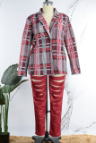 Red Casual Print Hollowed Out Patchwork Turn-back Collar Plus Size
