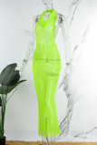 Vestido largo con cuello halter sin espalda transparente ahuecado sólido sexy verde fluorescente Vestidos