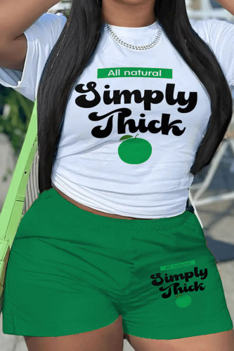 White Green Casual Print Patchwork O Neck Short Sleeve Two Pieces
