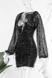 Vestidos casuais pretos patchwork com borla lantejoulas decote em V manga longa