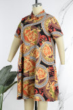 Red Casual Print Patchwork Turndown Collar Straight Plus Size Dresses