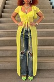Yellow Sexy Solid See-through Slit V Neck Tops