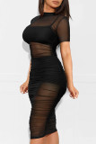 Vestidos de falda de lápiz con cuello en O y pliegues transparentes de patchwork sólido sexy negro (tres piezas)