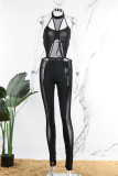 Black Sexy Patchwork Solid Bandage Hollowed Out See-through Backless Halter Skinny Jumpsuits