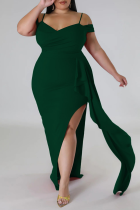 Grön Sexig Elegant Solid Patchwork Volang Slit Spaghetti Strap Oregelbunden klänning Plus Size Klänningar