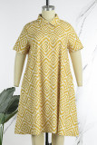 Gele casual print patchwork turndown kraag recht grote maten jurken