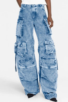Blue Casual Solid Patchwork High Waist Regular Wide Leg Cargo Denim Jeans