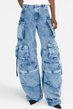 Jeans in denim regolari a vita alta patchwork tinta unita casual grigio