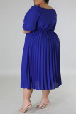 Blue Casual Solid Patchwork Fold V Neck Straight Plus Size Dresses