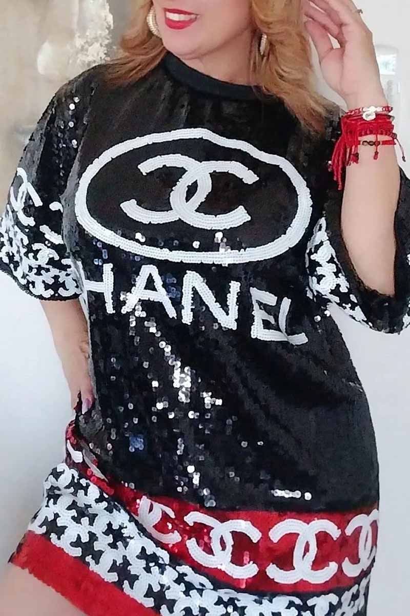 

Black Casual Street Letter Sequins O Neck Straight Dresses