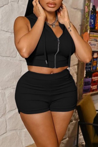 Black Casual Solid Basic Hooded Collar Sleeveless Two Pieces