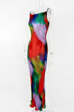 Colour Sexy Print Patchwork Fold Spaghetti Strap Pencil Skirt Dresses