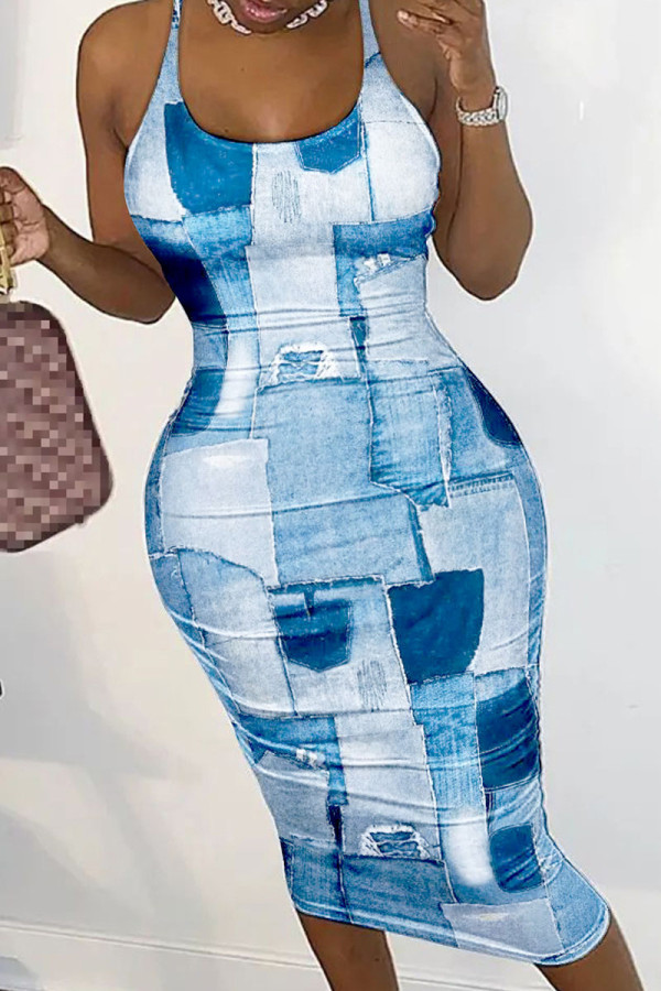 Babyblauw sexy print patchwork backless spaghetti band kokerrok jurken