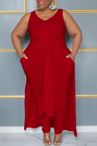 Red Casual Solid Patchwork Slit V Neck Plus Size Two Pieces