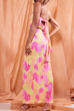 ピンクのセクシーなプリント パッチワーク フォールド ストラップレス ペンシル スカート ドレス