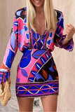 Blue Sexy Casual Work Print Buttons V Neck Long Sleeve Two Pieces