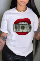 T-shirt con collo a O stampato con labbra casual rosse bianche