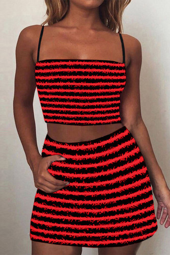 Red Sexy Street Striped Printing Spaghetti Strap Sleeveless Two Pieces