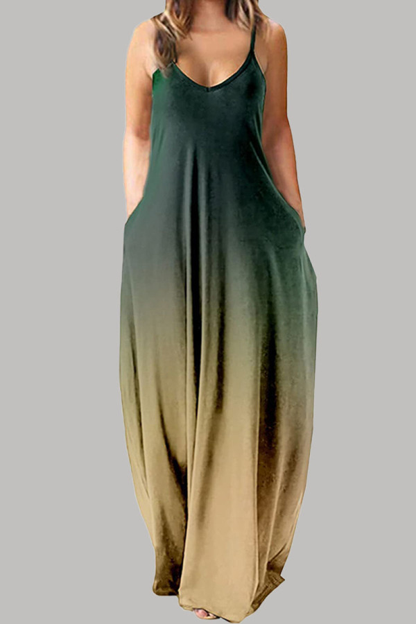 ダークグリーン カジュアル シンプル 徐々に変化する ソリッドカラー スパゲッティ ストラップ ストレート ドレス