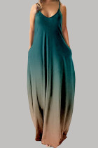 ブルー コーヒー カジュアル シンプル 徐々に変化する ソリッド カラー スパゲッティ ストラップ ストレート ドレス