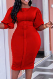 Vestidos de saia única com decote em O decote em retalhos lisos casuais vermelhos