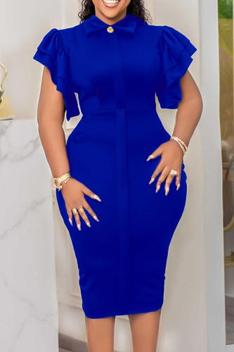 Royal Blue Elegant Solid Patchwork Flounce Turndown Collar Pencil Skirt Dresses