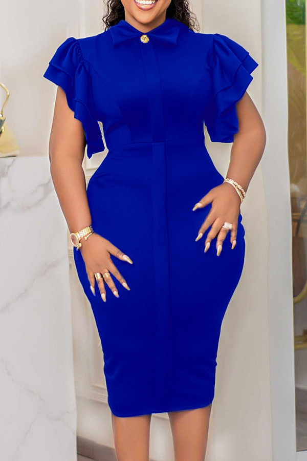 Koningsblauw elegante effen patchwork volant turndown kraag kokerrok jurken