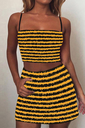 Yellow Sexy Street Striped Printing Spaghetti Strap Sleeveless Two Pieces