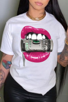Blanco Rosa Casual Street Lips Impreso Letra O Cuello Camisetas